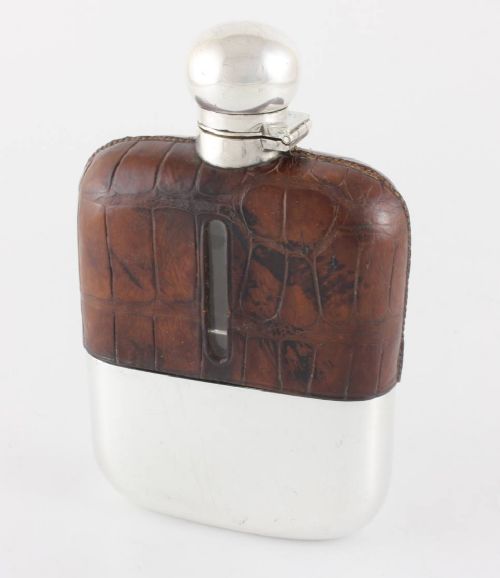 Crocodile Leather Hip Flask with Silver Plated Cup.
