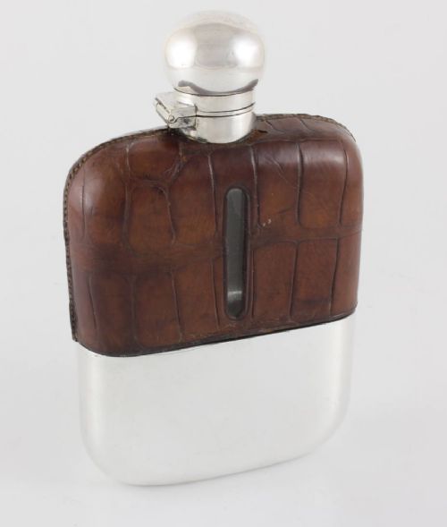 fig 1. Crocodile Leather Hip Flask With Silver Plated Cup.