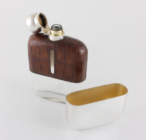 fig 2. Crocodile Leather Hip Flask With Silver Plated Cup.