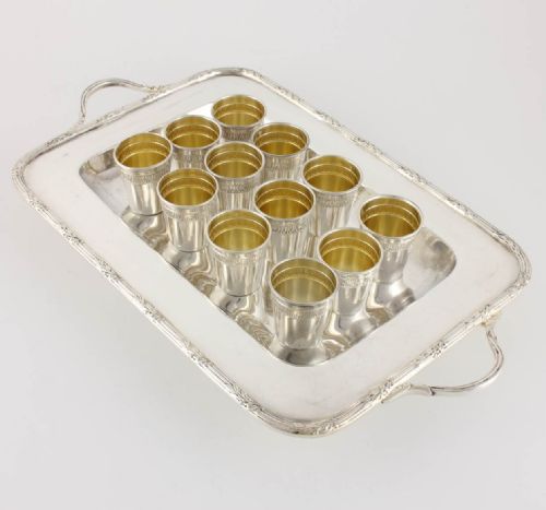 French Silver Vodka Shot Cups and Plated Tray.