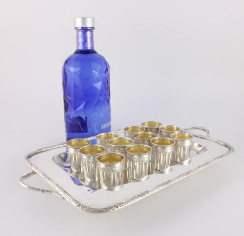 fig 1. French Silver Vodka Shot Cups and Plated Tray.