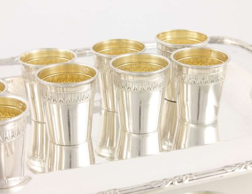fig 2. French Silver Vodka Shot Cups and Plated Tray.