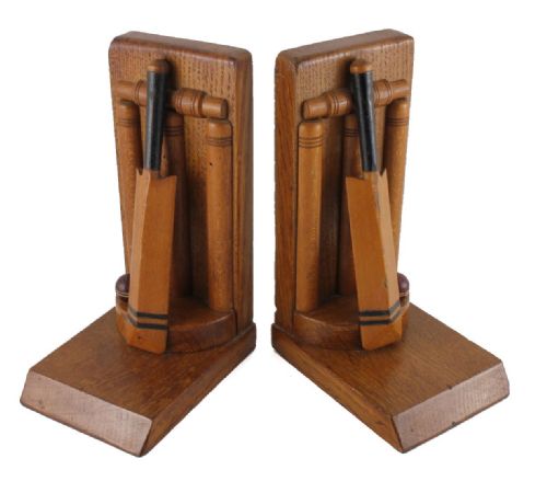 fig 1. Handmade Oak Bat & Ball Cricket Bookends.