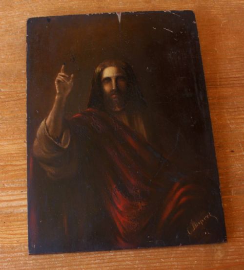 French Jesus Christ Oil Painting on Panel.