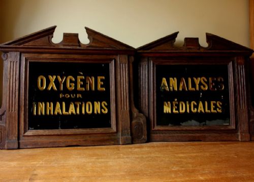 2 French Apothecary Glass Signs. Analyses Medicales and Oxygene Pour Inhalations.