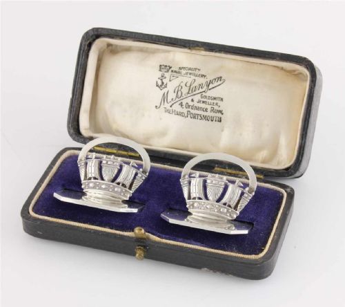 Pair of Boxed Silver Royal Naval Crown Menu Holders. Jw Benson.