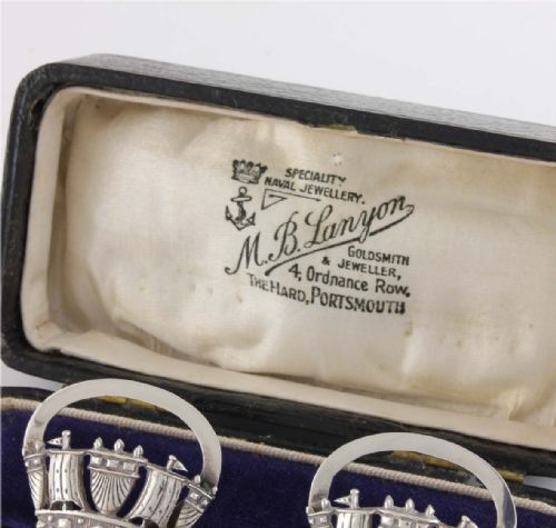 fig 2. Pair Of Boxed Silver Royal Naval Crown Menu Holders. JW Benson.