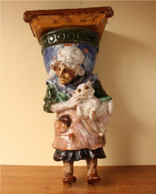 Large French Bavent Glazed Terracotta Old Lady & Cat Wall Pocket Planter.