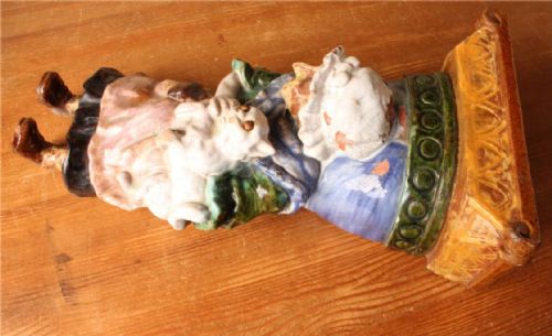 fig 1. Large French Bavent Glazed Terracotta Old Lady & Cat Wall Pocket Planter.