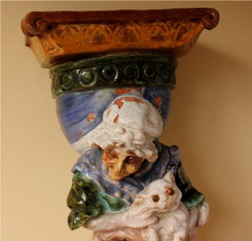 fig 2. Large French Bavent Glazed Terracotta Old Lady & Cat Wall Pocket Planter.