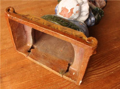 fig 3. Large French Bavent Glazed Terracotta Old Lady & Cat Wall Pocket Planter.