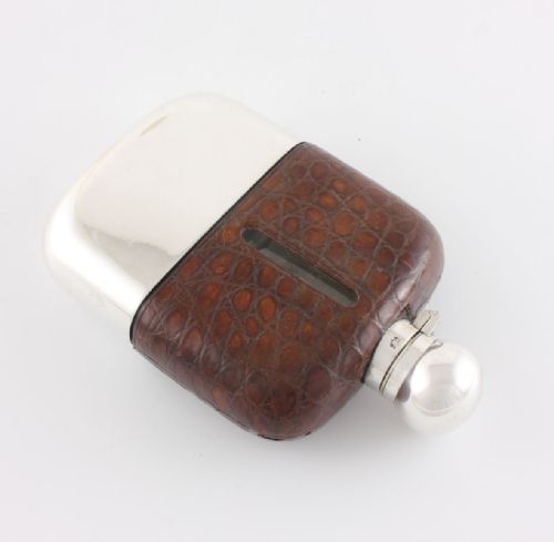 fig 1. Large Croc Leather Hip Flask With Silver Plated Cup. James Dixon.