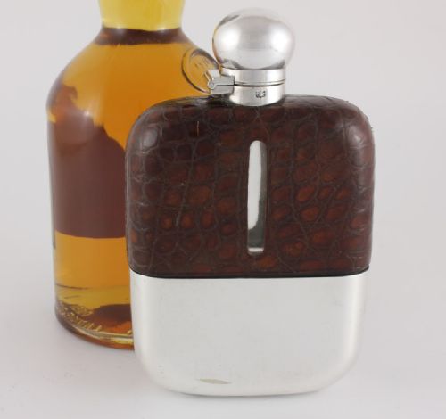 fig 2. Large Croc Leather Hip Flask With Silver Plated Cup. James Dixon.