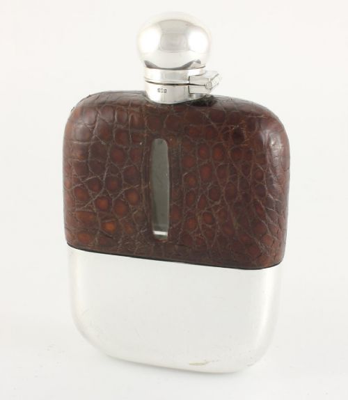 Large Croc Leather Hip Flask with Silver Plated Cup. James Dixon.