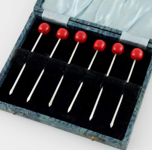 Sterling Silver Cherry Cocktail Sticks. Set of 6 Picks. Boxed.