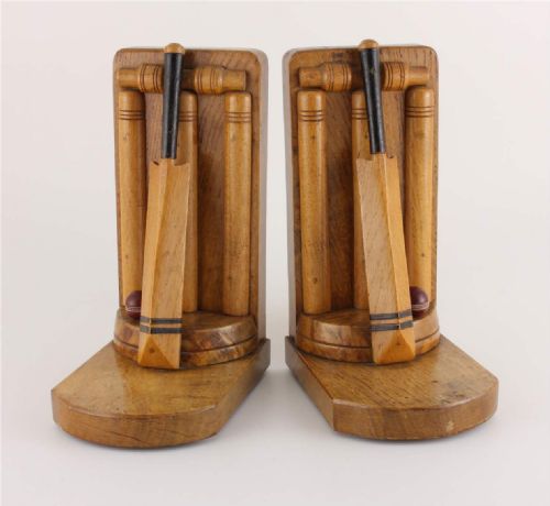 Pair of Art Deco Handmade Oak Bat & Ball Cricket Bookends.