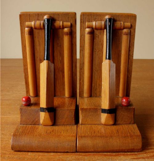 Pair Art Deco Thornton Smith Oak Cricket Bookends.