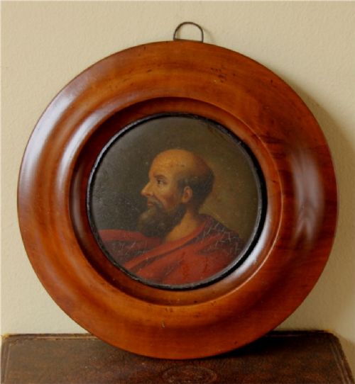 Antique French Miniature Religious Portrait Oil Painting of a Bearded Old Man .