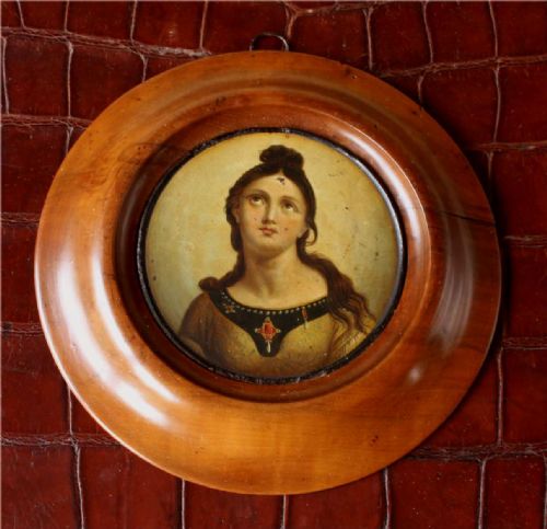 Antique French Miniature Religious Portrait Oil Painting of Saint Cecile.