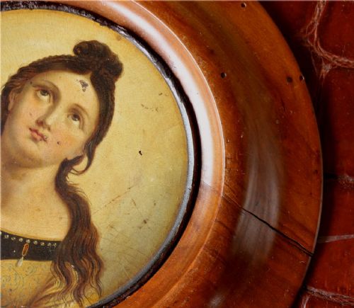 fig 1. Antique French Miniature Religious Portrait Oil Painting Of Saint Cecile.