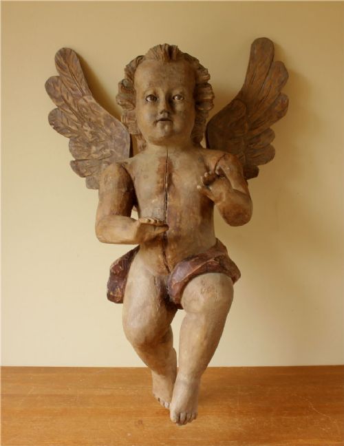 Large Carved Wood Winged Cherub Putti Figure