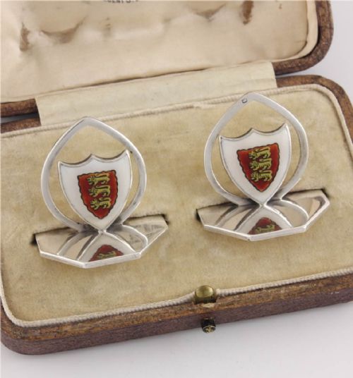 Silver & Enamel Three Lions Shield Menu Holders with the Oriel College, Oxford Coat of Arms.