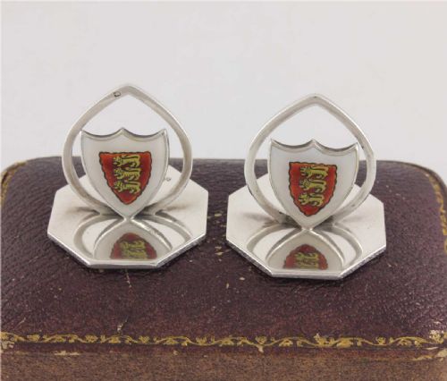 fig 2. Silver & Enamel Three Lions Shield Menu Holders With The Oriel College, Oxford Coat Of Arms.