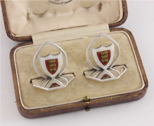 fig 3. Silver & Enamel Three Lions Shield Menu Holders With The Oriel College, Oxford Coat Of Arms.
