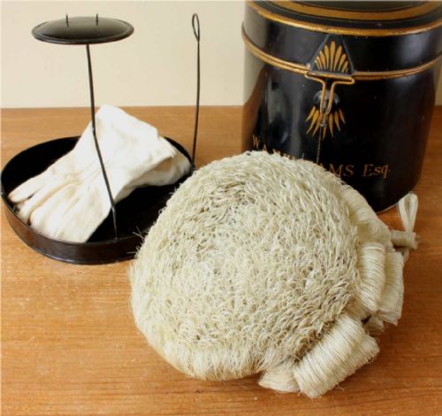 fig 1. Ravenscroft Law English Barrister's Wig & Large Tole Tin.