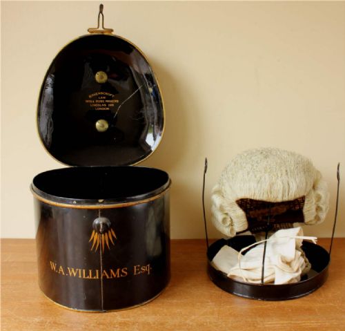 fig 3. Ravenscroft Law English Barrister's Wig & Large Tole Tin.