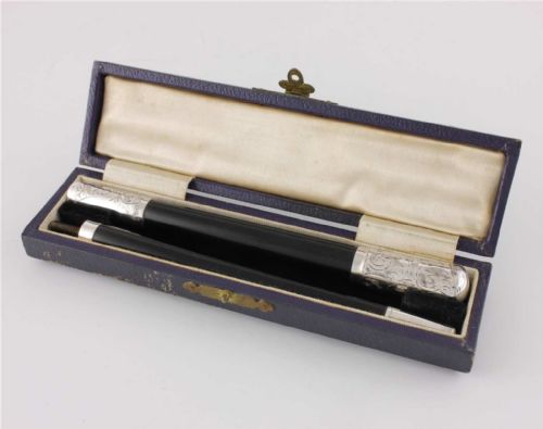 Silver & Ebony Two Piece Pocket Conductor's Baton in Fitted Case. 1942.