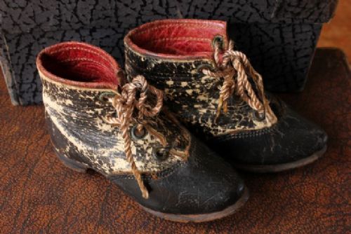 fig 1. Pair of Miniature Leather Boots. Small Apprentice Piece Shoes.