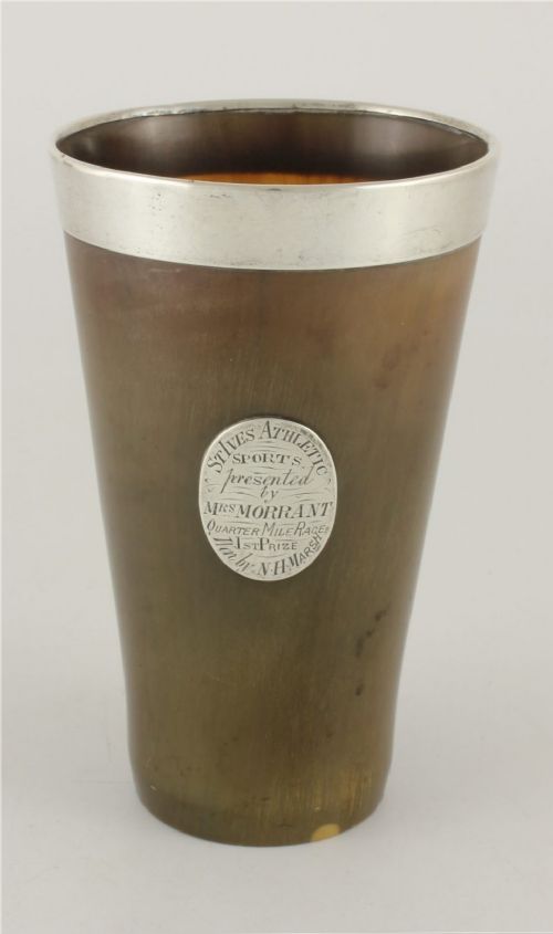 HORN BEAKER CUP WITH SILVER RIM PLAQUE ST IVES ATHLETIC SPORTS TROPHY 1881