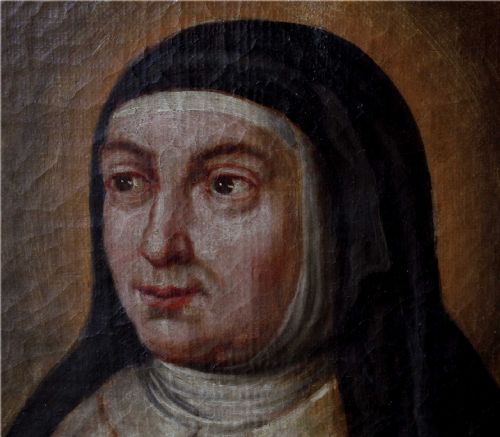 fig 1. Antique Religious Art Of St Teresa Nun & Christ Oil Painting.