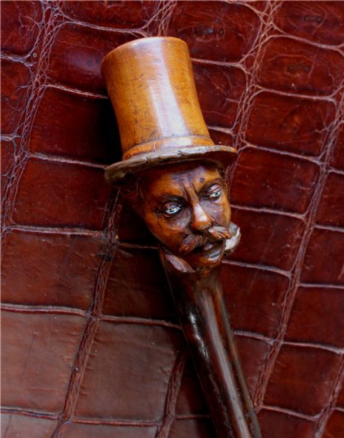 Carved Wood Gentleman Top Hat Walking Stick.