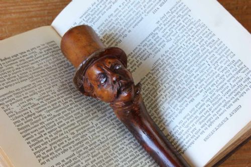 fig 1. Carved Wood Gentleman Top Hat Walking Stick.