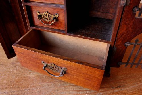 fig 1. Castle Design Oak Table Top Cabinet Storage Box. Edwardian c1902.