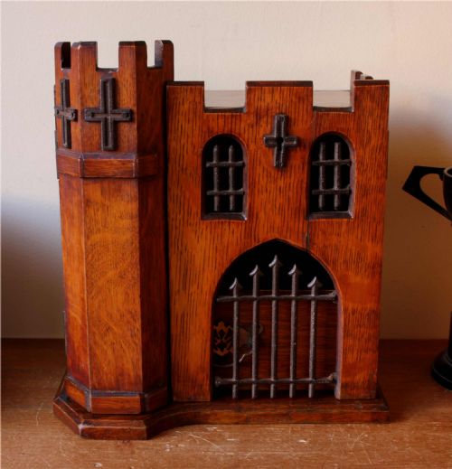 fig 2. Castle Design Oak Table Top Cabinet Storage Box. Edwardian c1902.