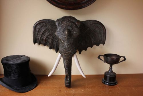 fig 1. Antique Elephant Head Wood Carving With Glass Eyes.