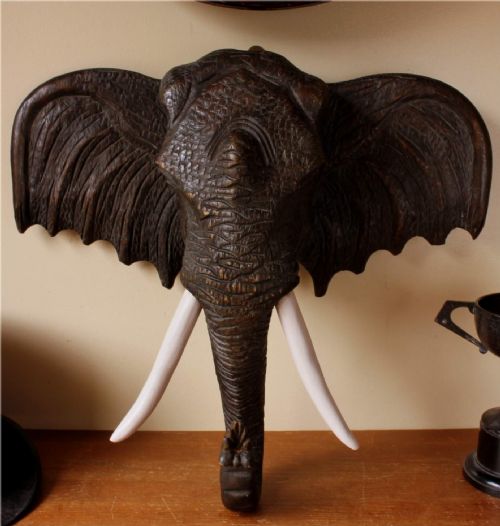 Antique Elephant Head Wood Carving with Glass Eyes.