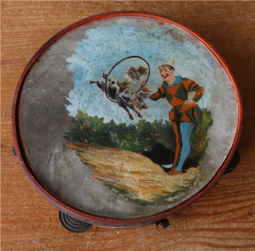 Folk Art Oil Painting on Tambourine of a Clown, Monkey Jockey on Pig.
