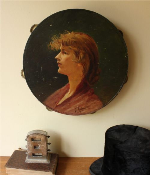 fig 1. Antique Painted Tambourine. Oil Painting Lady Portrait. French Folk Art.