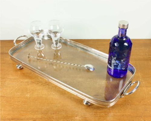 fig 1. Antique Glass & Silver Plate Gallery Tray. Large Drinks Cocktail Tray.