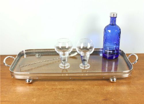 fig 2. Antique Glass & Silver Plate Gallery Tray. Large Drinks Cocktail Tray.