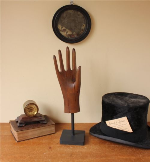 fig 1. Wooden 3 Piece Treen Glove Last Stretcher. Mannequin Hand Glove Display. c1900.
