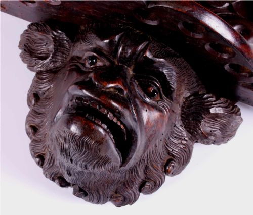 ANTIQUE GROTESQUE FACE WALL SHELF 19TH CENTURY WOOD DEMON PIPE RACK - ADDITIONAL PHOTO 1