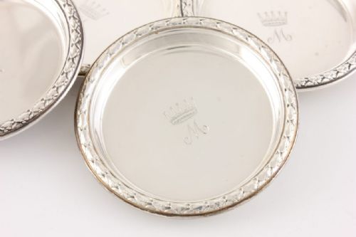 SET OF 4 SILVER PIN DISHES MONOGRAM ROYAL CROWN M SMALL COASTERS 1954 - ADDITIONAL PHOTO 1