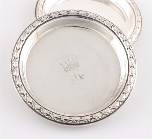 SET OF 4 SILVER PIN DISHES MONOGRAM ROYAL CROWN M SMALL COASTERS 1954 - ADDITIONAL PHOTO 10