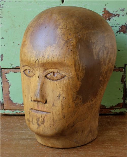 WOOD HEAD FACE HAT BLOCK ANTIQUE FRENCH MILLINERS MANNEQUIN WIG DISPLAY - ADDITIONAL PHOTO 1