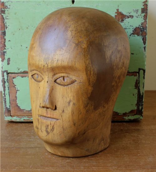 WOOD HEAD FACE HAT BLOCK ANTIQUE FRENCH MILLINERS MANNEQUIN WIG DISPLAY - ADDITIONAL PHOTO 18
